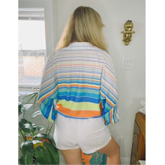 Vintage White Long Sleeved Blouse with Elastic Hem in Neon Stripes - Size Medium - Picture 4 of 9